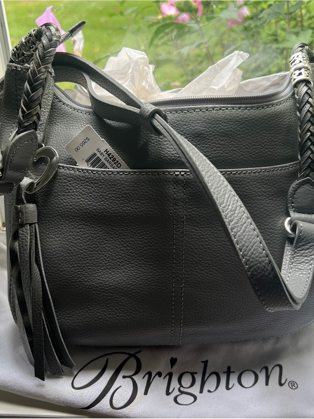 Brighton Gray Leather Shoulder Bag with Braided Strap and Tassel